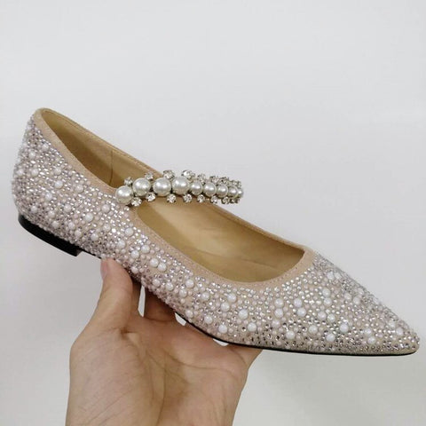 mtvrmall - Pearl Slippers Shoes Women Basic Summer Flock Shiny Rhinestones Pointed Toe Flats Pearl Slippers Fashion Party Women Shoes