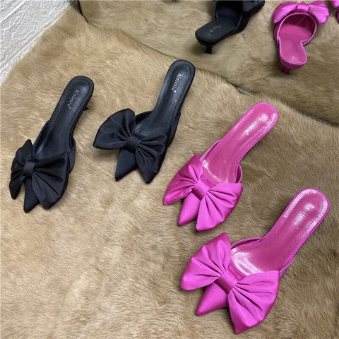 mtvrmall - Spring Pointed Toe Stiletto Heel Kitten Heels Bow Heel-Free Slippers for Women