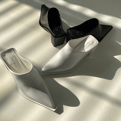 mtvrmall Fashion Women Sandals Slippers Roman Style Slides Party Pumps Thick Square Heeled Black/White Mules Shoes Pointed Toe Slides 39