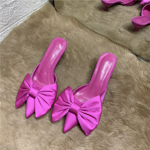 mtvrmall - Spring Pointed Toe Stiletto Heel Kitten Heels Bow Heel-Free Slippers for Women