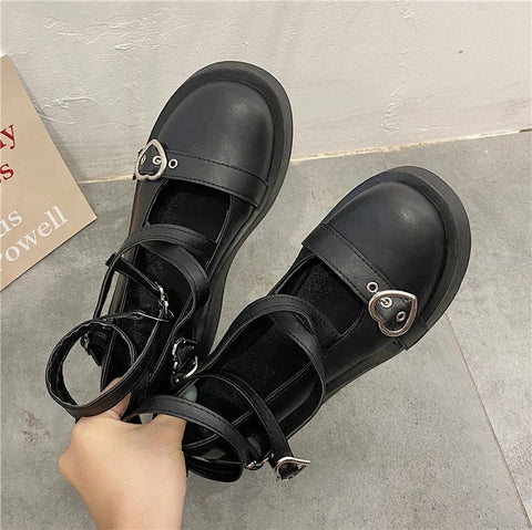 Mtvrmall - Lolita Shoes Gothic Chunky Star Buckle Mary Jane Shoes Cute Platform Cross-Tied Wedges Loli Thick Heel Casual Shoes Cosplay