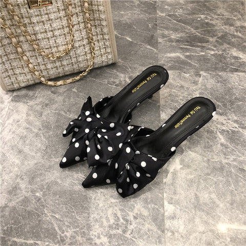 mtvrmall - Spring Pointed Toe Stiletto Heel Kitten Heels Bow Heel-Free Slippers for Women
