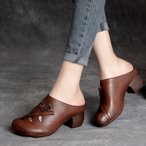 mtvrmall - Retro Style Hand Made Women Slippers,Soft Summer Shoes,Close Toe High Heels Slides,Hollow Out,Black,BROWN