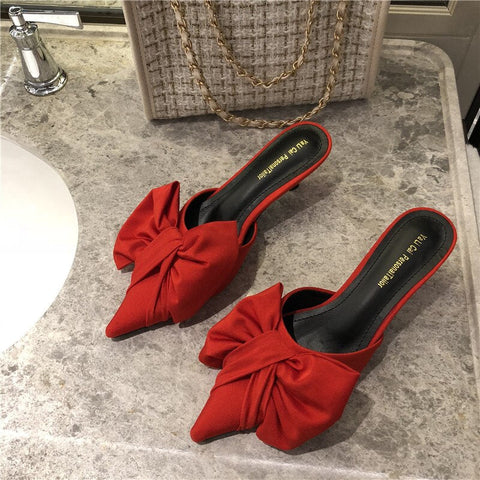 mtvrmall - Spring Pointed Toe Stiletto Heel Kitten Heels Bow Heel-Free Slippers for Women