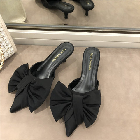 mtvrmall - Spring Pointed Toe Stiletto Heel Kitten Heels Bow Heel-Free Slippers for Women