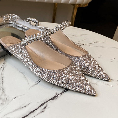 mtvrmall - Pearl Slippers Shoes Women Basic Summer Flock Shiny Rhinestones Pointed Toe Flats Pearl Slippers Fashion Party Women Shoes