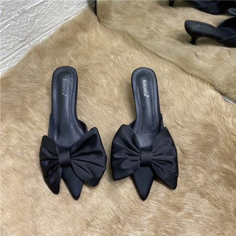 mtvrmall - Spring Pointed Toe Stiletto Heel Kitten Heels Bow Heel-Free Slippers for Women