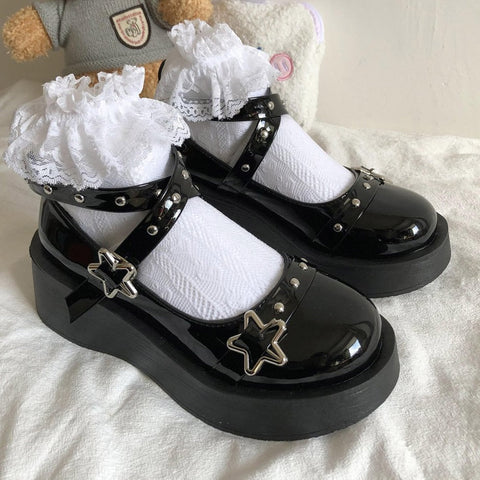 Mtvrmall - Lolita Shoes Gothic Chunky Star Buckle Mary Jane Shoes Cute Platform Cross-Tied Wedges Loli Thick Heel Casual Shoes Cosplay