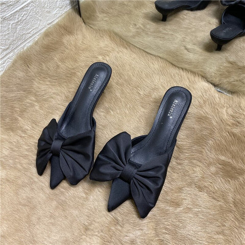 mtvrmall - Spring Pointed Toe Stiletto Heel Kitten Heels Bow Heel-Free Slippers for Women