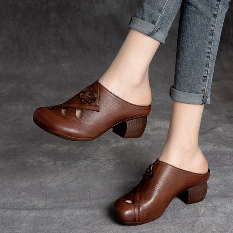 mtvrmall - Retro Style Hand Made Women Slippers,Soft Summer Shoes,Close Toe High Heels Slides,Hollow Out,Black,BROWN