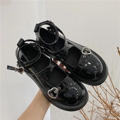 Mtvrmall - Lolita Shoes Gothic Chunky Star Buckle Mary Jane Shoes Cute Platform Cross-Tied Wedges Loli Thick Heel Casual Shoes Cosplay