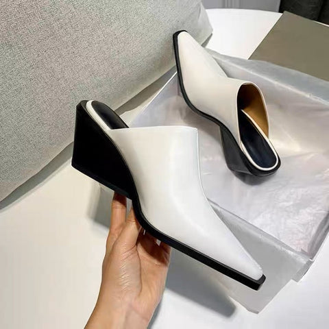 mtvrmall Fashion Women Sandals Slippers Roman Style Slides Party Pumps Thick Square Heeled Black/White Mules Shoes Pointed Toe Slides 39