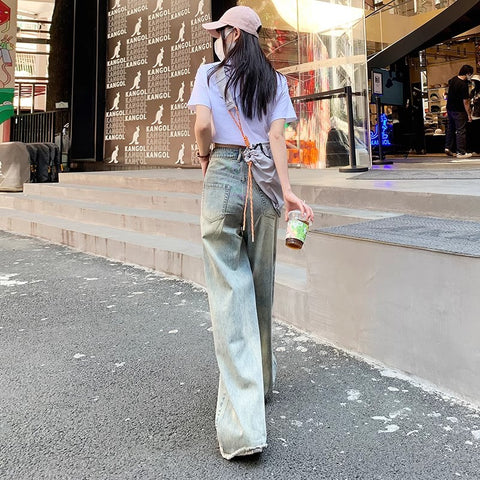 Retro Distressed Wide-Leg Jeans for Women 2025 Spring and Summer New High Waist Loose All-Match Draping Mop Straight Pants