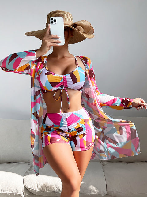 MTVRMALL  Mingyi New Multi-Color European and American Mesh Outerwear Fashion Sexy  Leg Pants Three-Piece Women's Swimsuit