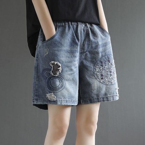 (in Stock) High Waist Jeans Shorts Women's Summer Elastic Slimming plus Size Korean Style Loose Wide Leg Embroidered Shorts