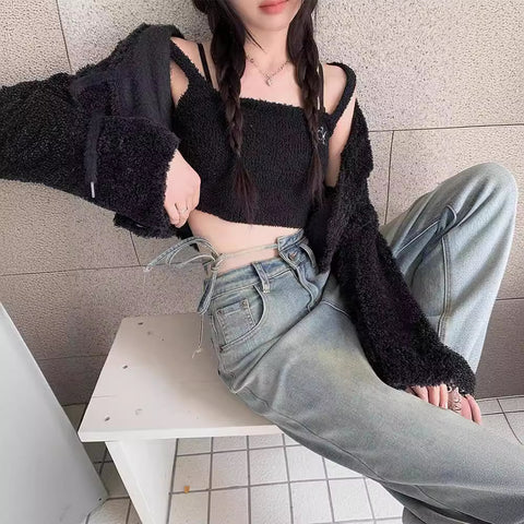 Spring/Summer 2025 New Wide-Leg Jeans Women's Loose Slimming Fashionable All-Match Lace-up Mop Jeans for Women