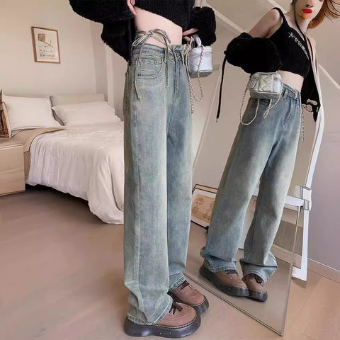 Spring/Summer 2025 New Wide-Leg Jeans Women's Loose Slimming Fashionable All-Match Lace-up Mop Jeans for Women