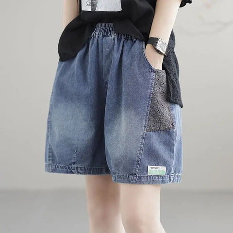 (in Stock) High Waist Jeans Shorts Women's Summer Elastic Slimming plus Size Korean Style Loose Wide Leg Embroidered Shorts