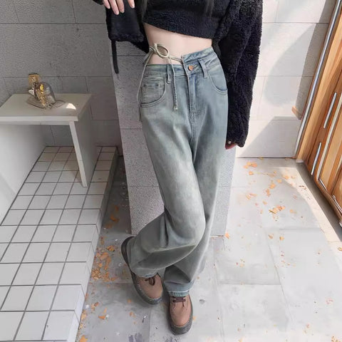 Spring/Summer 2025 New Wide-Leg Jeans Women's Loose Slimming Fashionable All-Match Lace-up Mop Jeans for Women