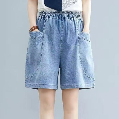 (in Stock) High Waist Jeans Shorts Women's Summer Elastic Slimming plus Size Korean Style Loose Wide Leg Embroidered Shorts