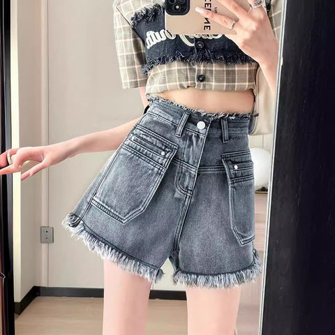 Pocket Design Sense Denim Shorts Women's Summer New High Waist Loose Raw Hem Tassel Wide Leg Pants Versatile Hot Pants Women's