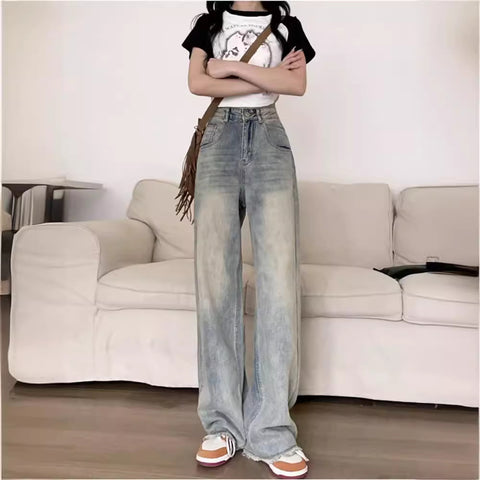 Retro Distressed Wide-Leg Jeans for Women 2025 Spring and Summer New High Waist Loose All-Match Draping Mop Straight Pants