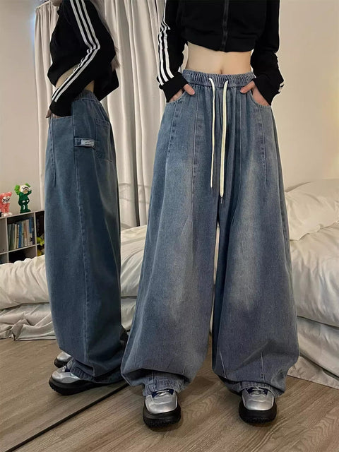 Korean Style New Jeans Women's Loose Bloomers Casual Wide Leg Flab Hiding Harajuku Style Ins Fashion Design Retro