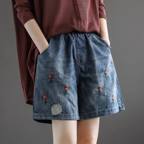 (in Stock) High Waist Jeans Shorts Women's Summer Elastic Slimming plus Size Korean Style Loose Wide Leg Embroidered Shorts