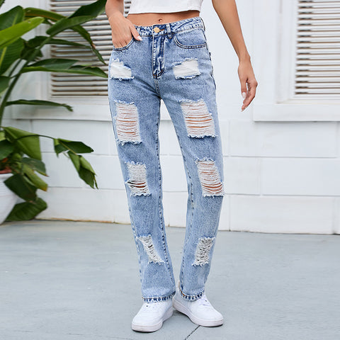 Cross-Border HOTan and NEWn Women's Jeans Washed Wear-White Mid-Waist Ripped Temperament Jeans Trousers for Women