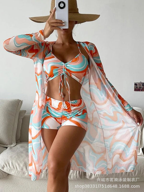 MTVRMALL  Mingyi New Multi-Color European and American Mesh Outerwear Fashion Sexy  Leg Pants Three-Piece Women's Swimsuit