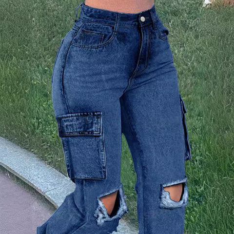 In Stock 2025 Spring   European and American Overalls High Waist Flap Pocket Women's Jeans