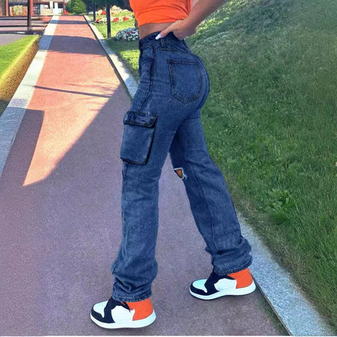 In Stock 2025 Spring   European and American Overalls High Waist Flap Pocket Women's Jeans