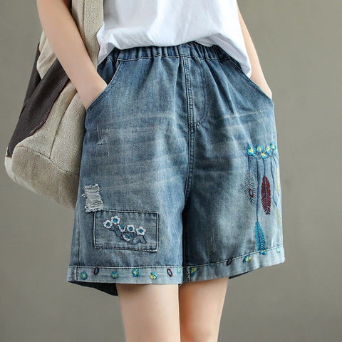 (in Stock) High Waist Jeans Shorts Women's Summer Elastic Slimming plus Size Korean Style Loose Wide Leg Embroidered Shorts