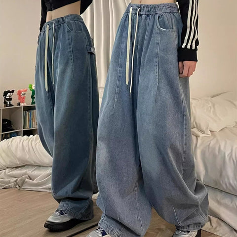 Korean Style New Jeans Women's Loose Bloomers Casual Wide Leg Flab Hiding Harajuku Style Ins Fashion Design Retro