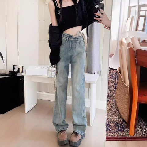 Spring/Summer 2025 New Wide-Leg Jeans Women's Loose Slimming Fashionable All-Match Lace-up Mop Jeans for Women