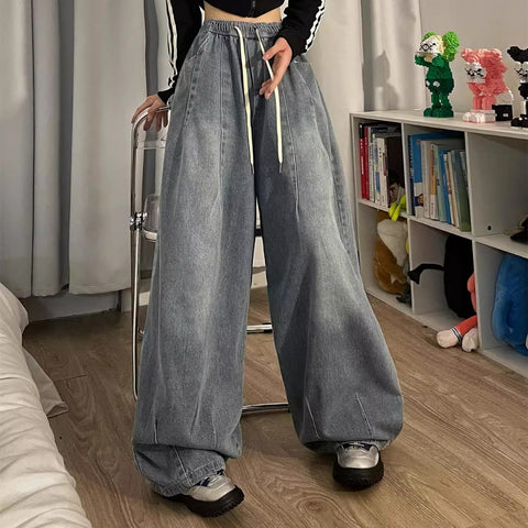 Korean Style New Jeans Women's Loose Bloomers Casual Wide Leg Flab Hiding Harajuku Style Ins Fashion Design Retro