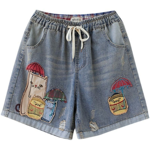 (in Stock) High Waist Jeans Shorts Women's Summer Elastic Slimming plus Size Korean Style Loose Wide Leg Embroidered Shorts