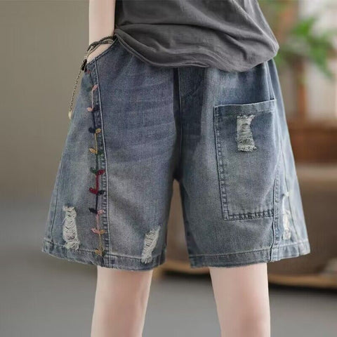 (in Stock) High Waist Jeans Shorts Women's Summer Elastic Slimming plus Size Korean Style Loose Wide Leg Embroidered Shorts