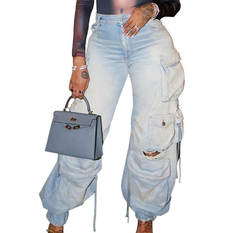 Street Modern Combination Jeans Women 20.23 Million Can Wear and Match Work Clothes Multi-Pocket Washed and Worn Wide Leg Pants
