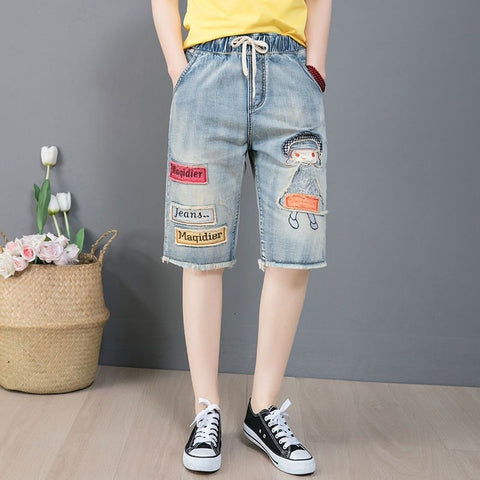 (in Stock) High Waist Jeans Shorts Women's Summer Elastic Slimming plus Size Korean Style Loose Wide Leg Embroidered Shorts