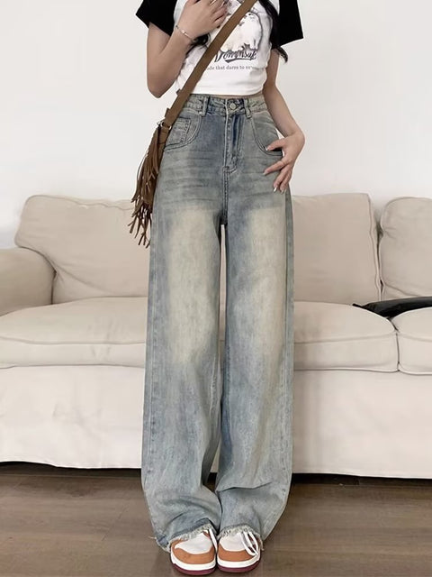 Retro Distressed Wide-Leg Jeans for Women 2025 Spring and Summer New High Waist Loose All-Match Draping Mop Straight Pants