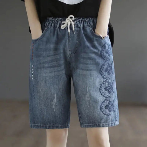 (in Stock) High Waist Jeans Shorts Women's Summer Elastic Slimming plus Size Korean Style Loose Wide Leg Embroidered Shorts