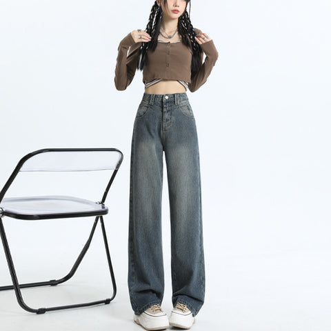 Spring and Autumn New Wide-Leg Jeans for Women High Waist Drooping Loose Slimming Sense of Design Starry Sky Pattern Straight Mopping Pants