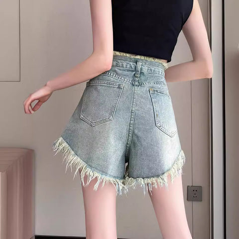 Pocket Design Sense Denim Shorts Women's Summer New High Waist Loose Raw Hem Tassel Wide Leg Pants Versatile Hot Pants Women's