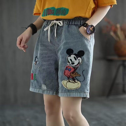 (in Stock) High Waist Jeans Shorts Women's Summer Elastic Slimming plus Size Korean Style Loose Wide Leg Embroidered Shorts