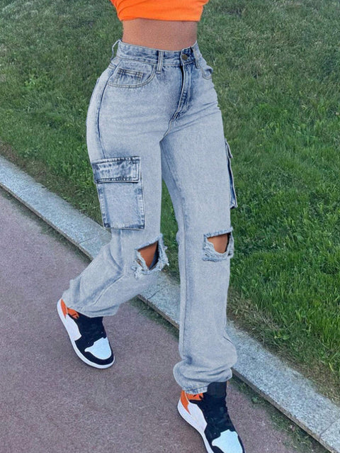 In Stock 2025 Spring   European and American Overalls High Waist Flap Pocket Women's Jeans