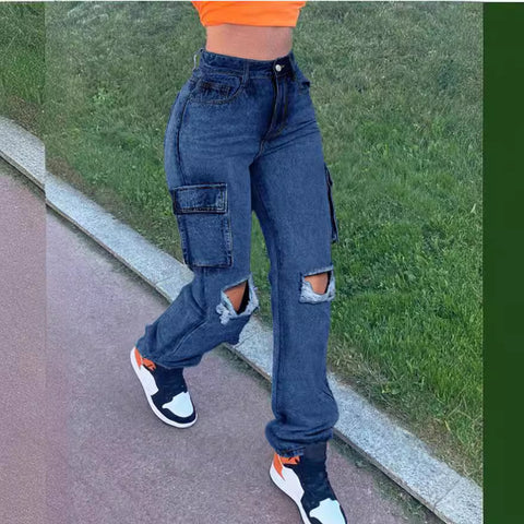 In Stock 2025 Spring   European and American Overalls High Waist Flap Pocket Women's Jeans