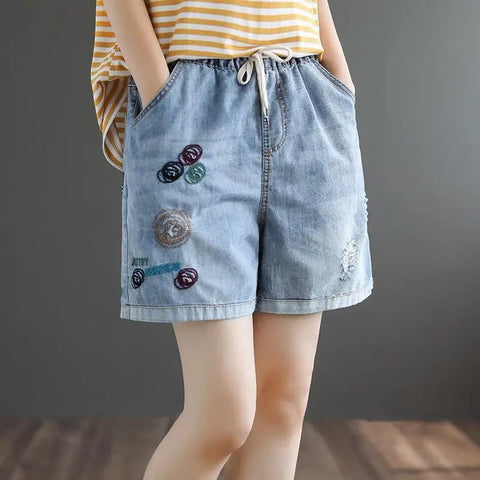 (in Stock) High Waist Jeans Shorts Women's Summer Elastic Slimming plus Size Korean Style Loose Wide Leg Embroidered Shorts