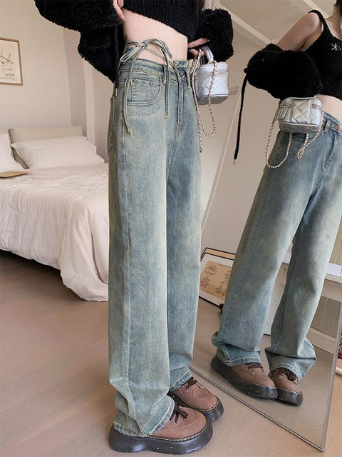 Spring/Summer 2025 New Wide-Leg Jeans Women's Loose Slimming Fashionable All-Match Lace-up Mop Jeans for Women