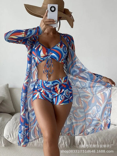 MTVRMALL  Mingyi New Multi-Color European and American Mesh Outerwear Fashion Sexy  Leg Pants Three-Piece Women's Swimsuit